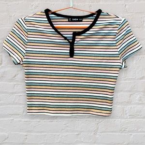 Shein Striped Ribbed Crop Henley Top